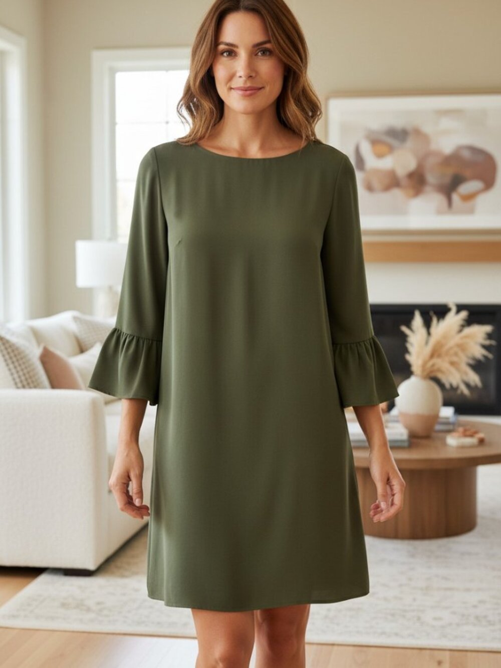 Anthropologie Everly Hunter Green Bell Sleeve Back Zip Dress - Size Small